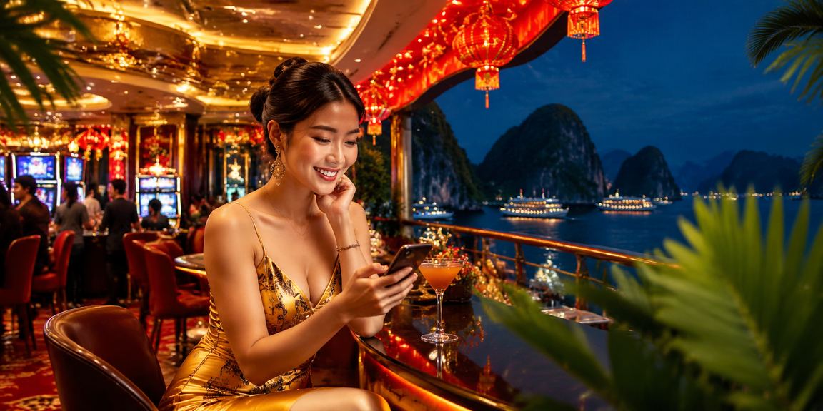 Người dùng trải nghiệm casino mobile trên vịnh Hạ Long trong không khí lễ Tết rực rỡ