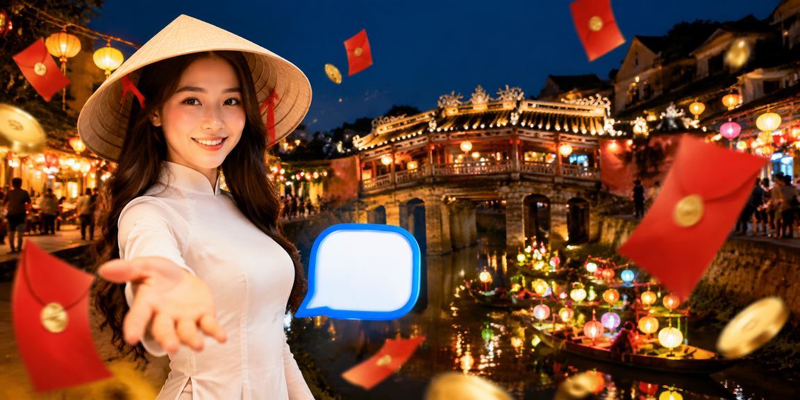 Người phụ nữ đội nón lá tại Hội An cầm phong bì đỏ nhận thưởng đăng ký tài khoản