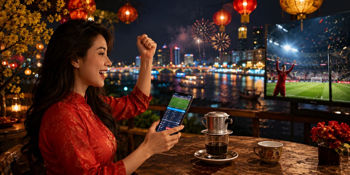 Người dùng tại vùng Mekong theo dõi tỷ số bóng đá và đặt kèo trên điện thoại bên ly cà phê