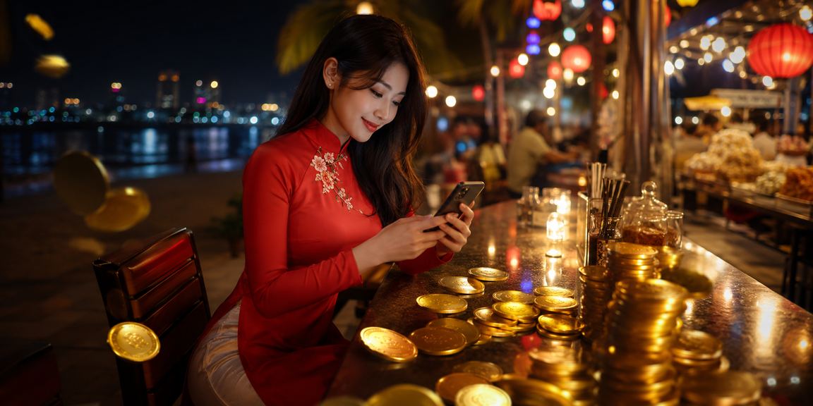 Cô gái mặc áo dài tại Mũi Né tham gia xổ số và giải trí trực tuyến bên bờ biển